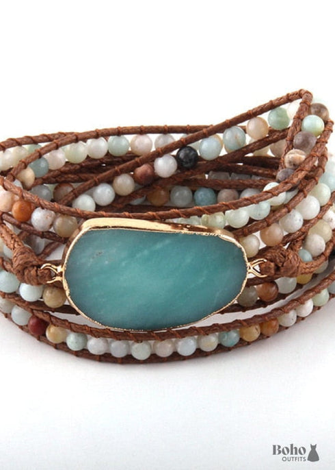 Boho Bracelet, RH 5 Layers Leather Wrap Bracelet, Natural Stones, Blue, White, Brown